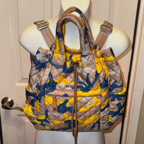 MZ Wallace Quilted Backpack - Yellow, Blue, and Tan camouflage, rare - Picture 1 of 16